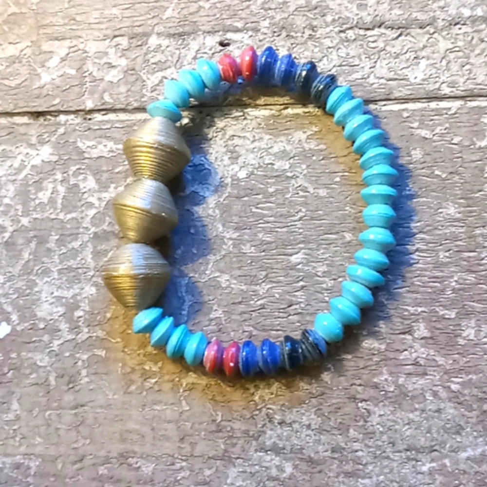 Bohemian wooden beads with three golden orb beads